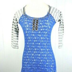 BKE Womens Gray and blue lace striped shirt - XL